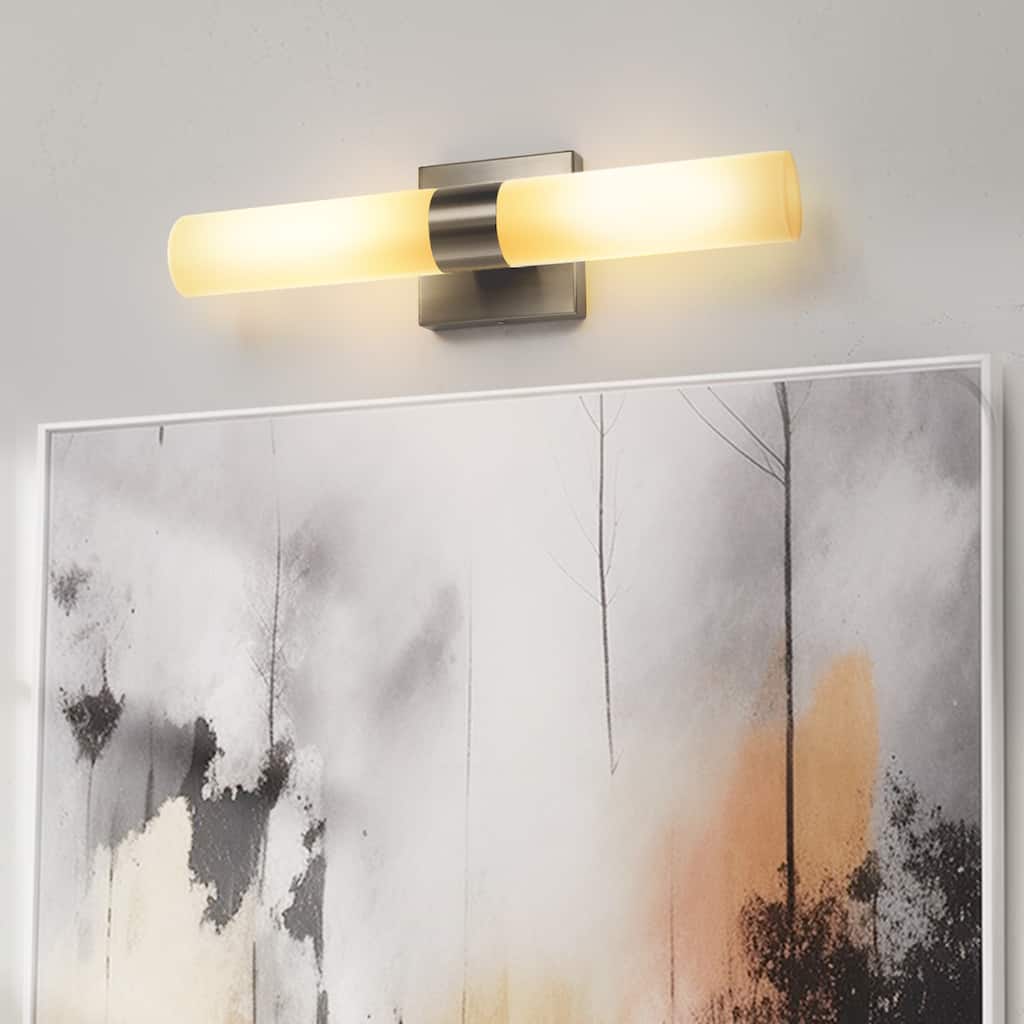 2-Pack Satin Nickel Double Linear Wall Sconce, White Glass Shades with E12 Base - 2.3*2.3*17.7