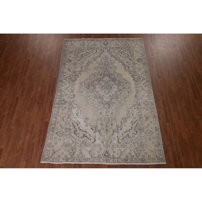 Vintage Distressed Muted Tabriz Persian Rug Handmade Wool Carpet - 6'6" x 9'7"