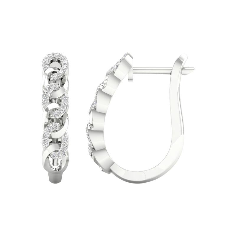 1/5ct TDW Diamond Cuban Link Hoop Earrings in 10k Gold for Women