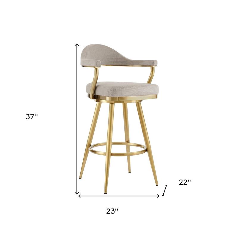 HomeRoots 26" Taupe and Gold Fabric and Stainless Steel Counter Height Swivel Bar Chair