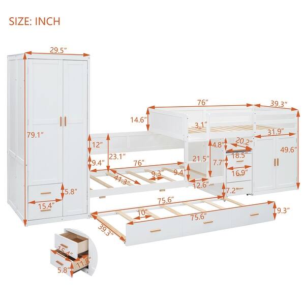 dimension image slide 0 of 2, Roomfitters Twin Wooden Bunk Bed with Trundle, Built-in Cabinet, Wardrobe, Desk, and Storage Drawers, Space-Saving Design