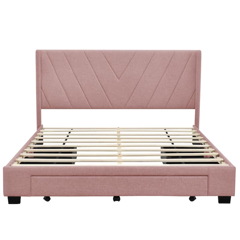 Queen Size Storage Bed with Linen Upholstered Platform Bed and 3