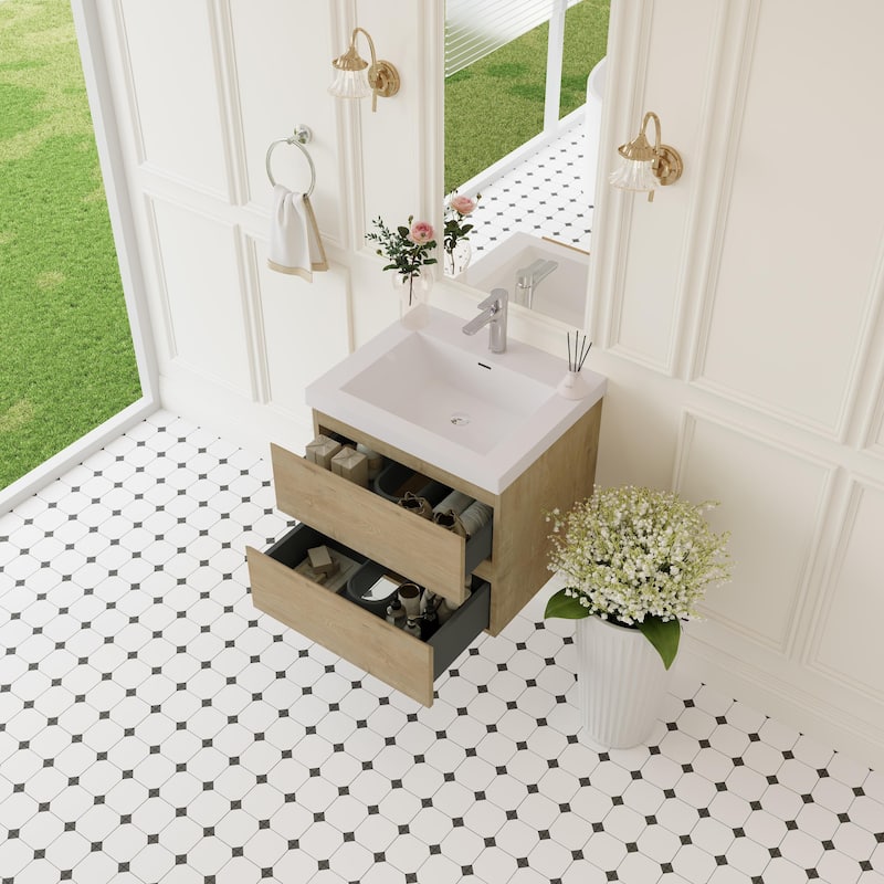 24" Floating Bathroom Vanity with Sink, Wall-Mounted Storage Cabinet with Solid Surface Basin & Soft-Close Drawers