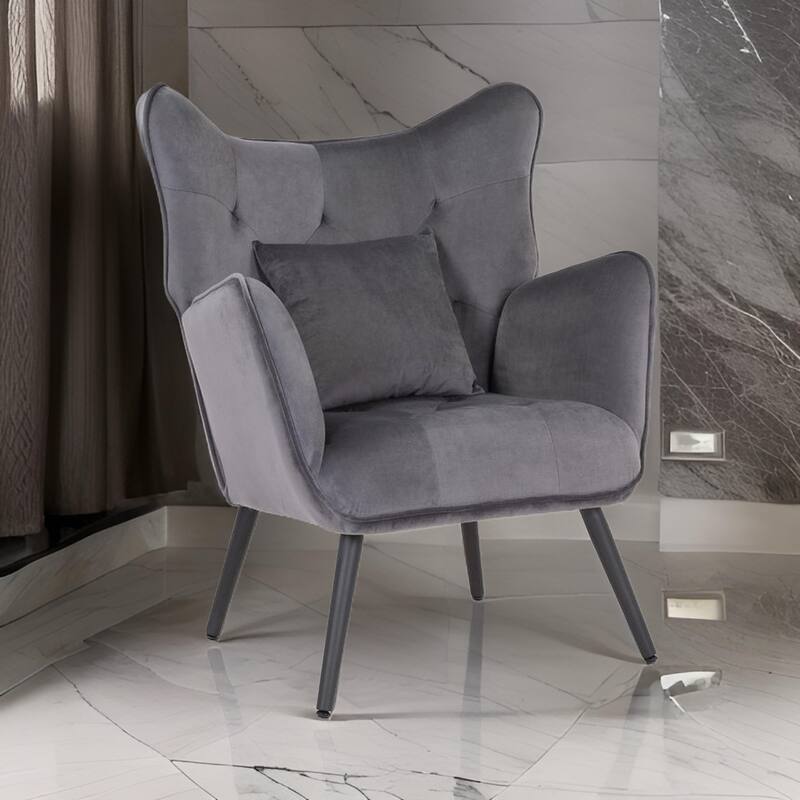 Ive 30 Inch Accent Chair, Wingback, Padded Gray Velvet Upholstery, Black