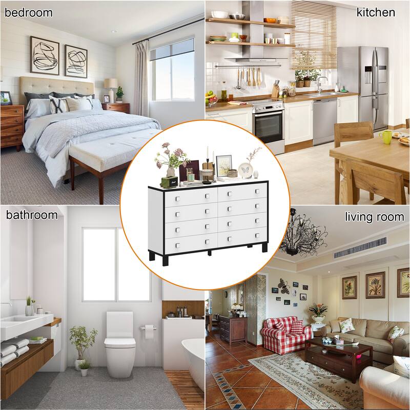 63" Modern 8 Drawer Dresser, Black & White Double Wide Bedroom Storage Chest