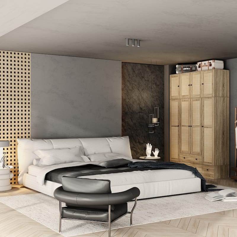 Natural Charm Wooden Armoire - Breathable Rattan Design Ample Storage