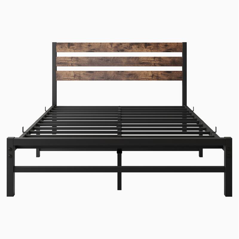 Anmytek Full Size Bed Frame with Headboard and Charging Station Industrial Rustic