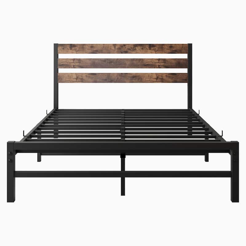 Modern Style Metal Platform Bed with Rustic Vintage Wooden Headboard for Bedroom