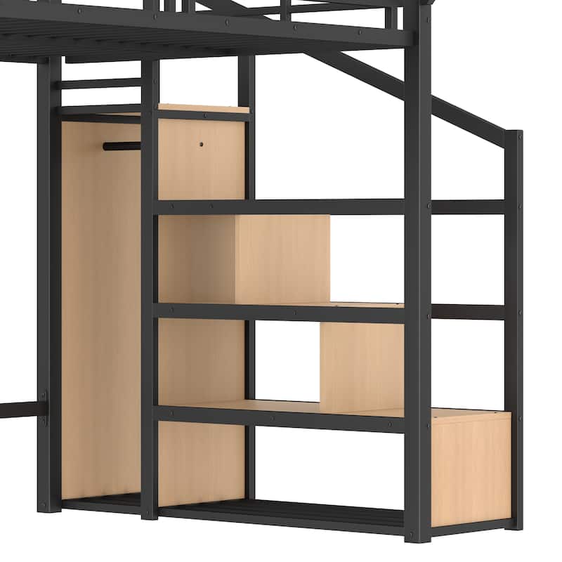 Full Loft Bed with Storage Stairs, Shelves and Built-in Wardrobe, Metal Loft Bed Frame with USB Ports and LED Lights