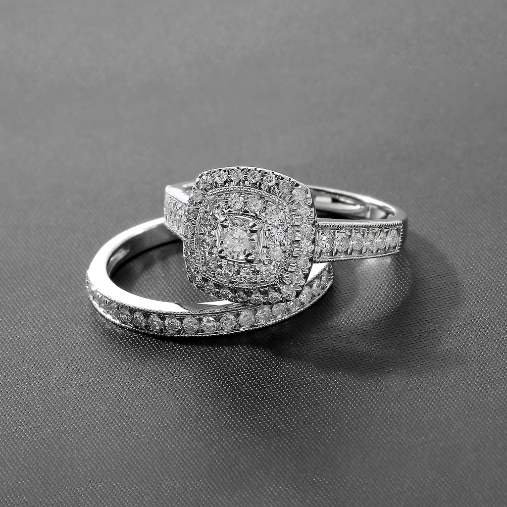 3/4ct TDW Diamond Double Halo Bridal Set in 14K White Gold for Women