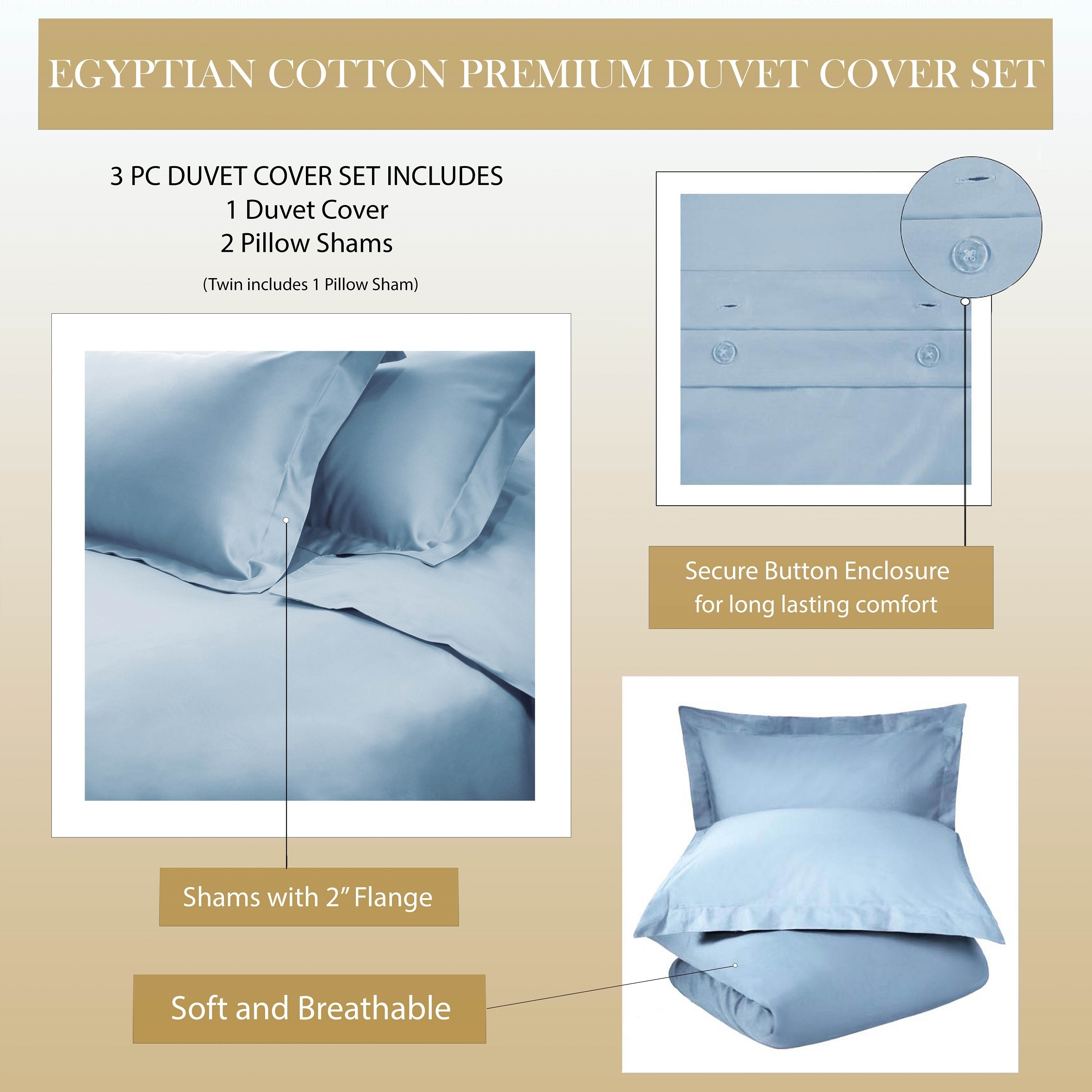 400 Count Closure Thread Type Button 100% Egyptian Cotton Duvet Set "3PCs" 