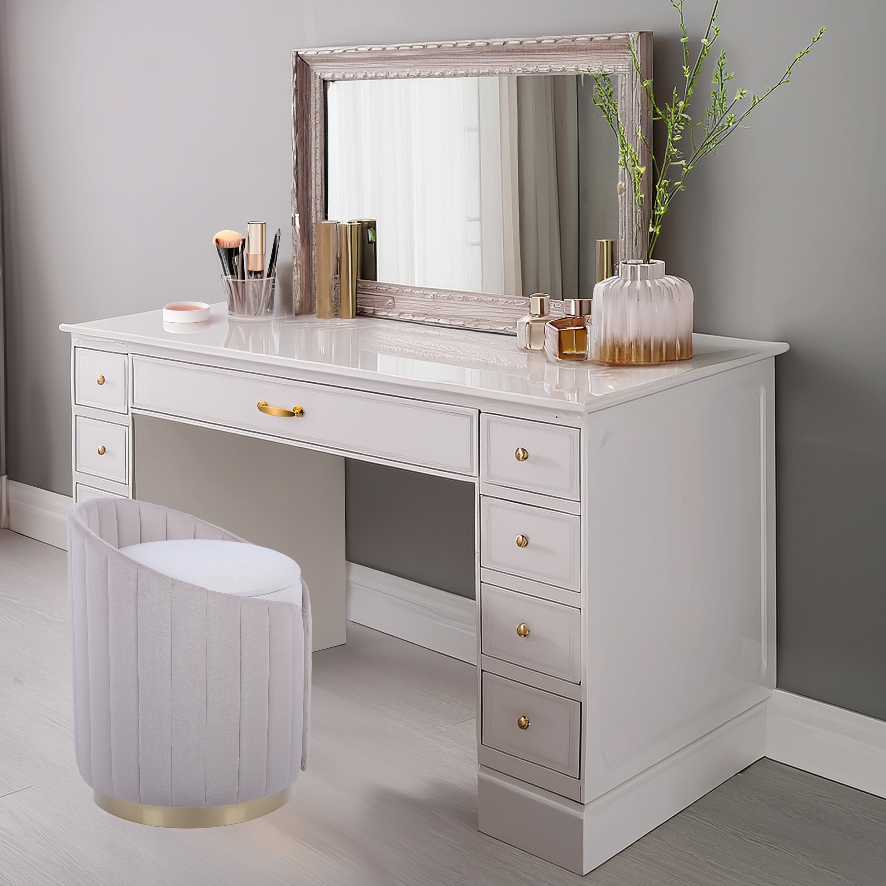 Modern Designs Elegant Vanity Plush Velvet Ottoman Stool with Storage - Taupe