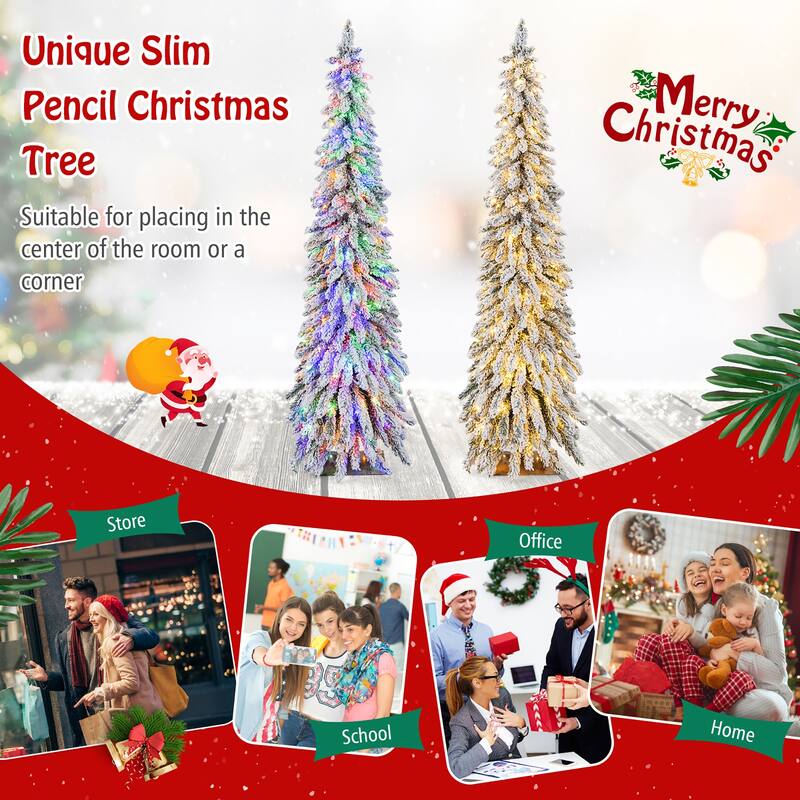 Gymax 4/5/6 FT Pre-Lit Artificial Christmas Tree Snow-Flocked Slim
