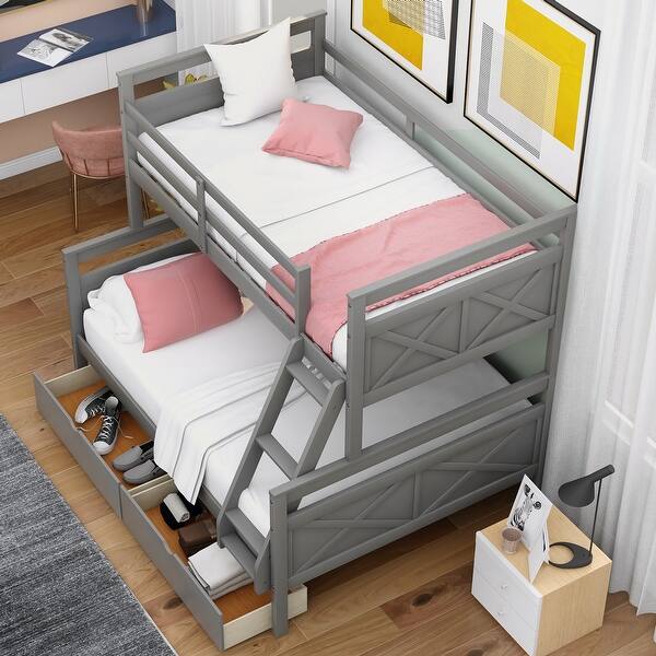 slide 2 of 10, Modern Twin over Full Bunk Bed with ladder, Two Storage Drawers, Safety Guardrail Grey