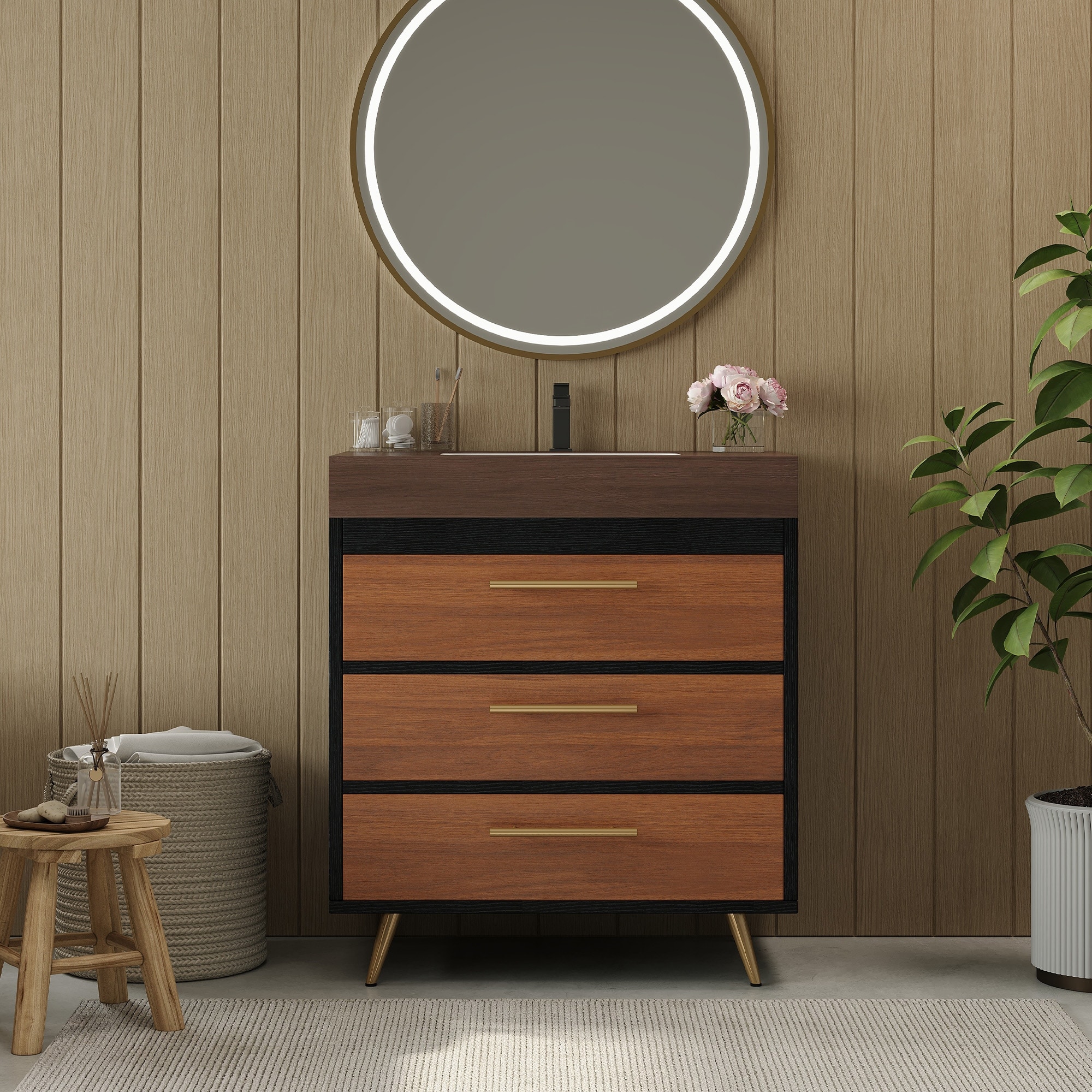 Modern Free-Standing Bathroom Vanity with Ceramic Vessel Sink & Durable Sintered Stone Top