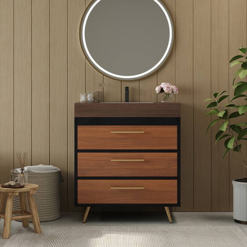 Modern Free-Standing Bathroom Vanity with Ceramic Vessel Sink & Durable Sintered Stone Top - Black,Gold,Walnut,White