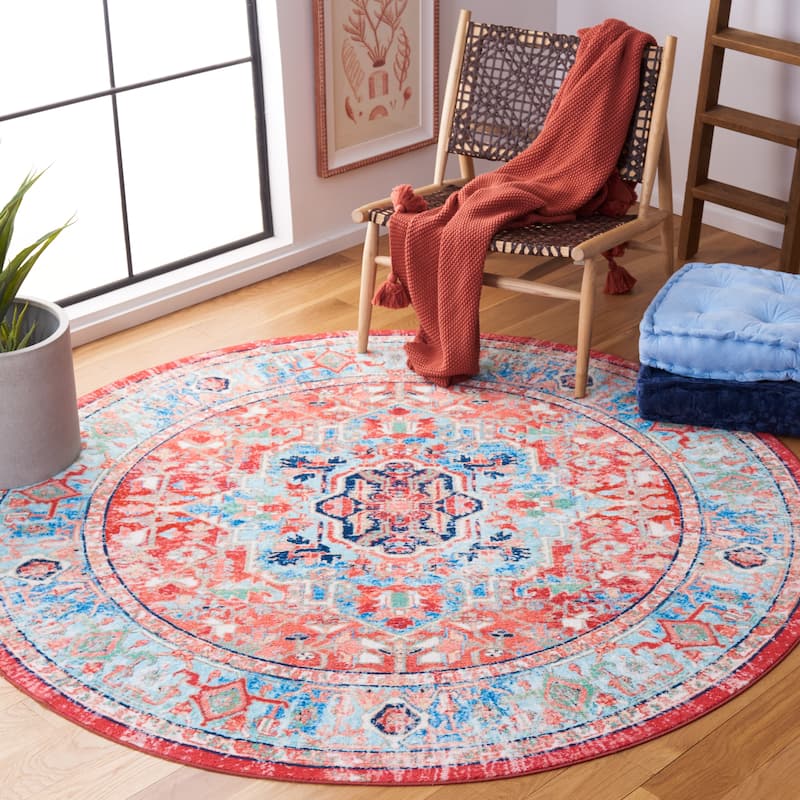 SAFAVIEH Riviera Machine Washable Slip Resistant Verona Oriental Rug - 6'7" Round - Light Blue/Red