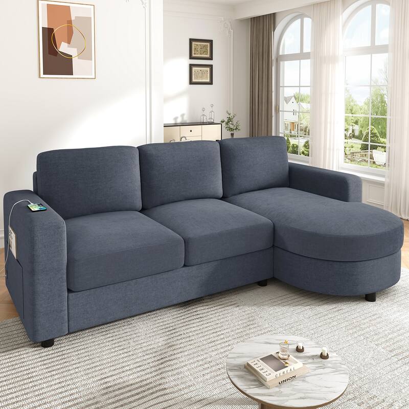 Modern Sectional Sofa 84.6" L-shaped Sofa Couch with a Curved Chaise Lounge - Blue