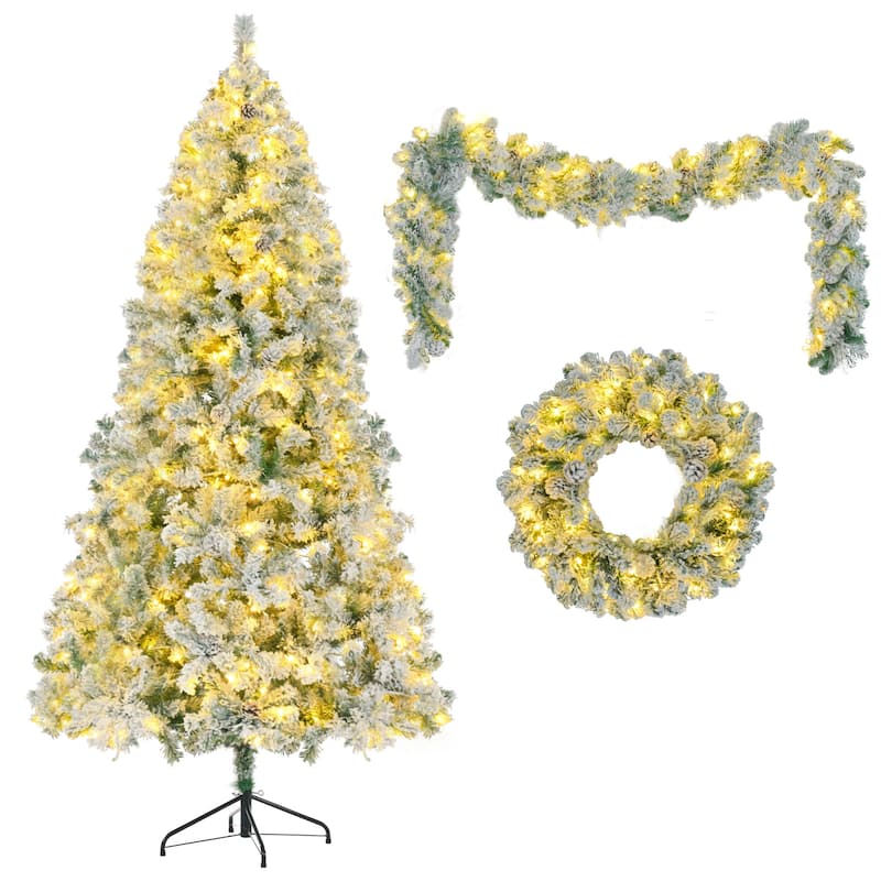 Anmytek 6FT Pre-Lit Snow Flocked Christmas Tree Set - Pine Cones, Garland and Wreath with LED 8 Modes Lights