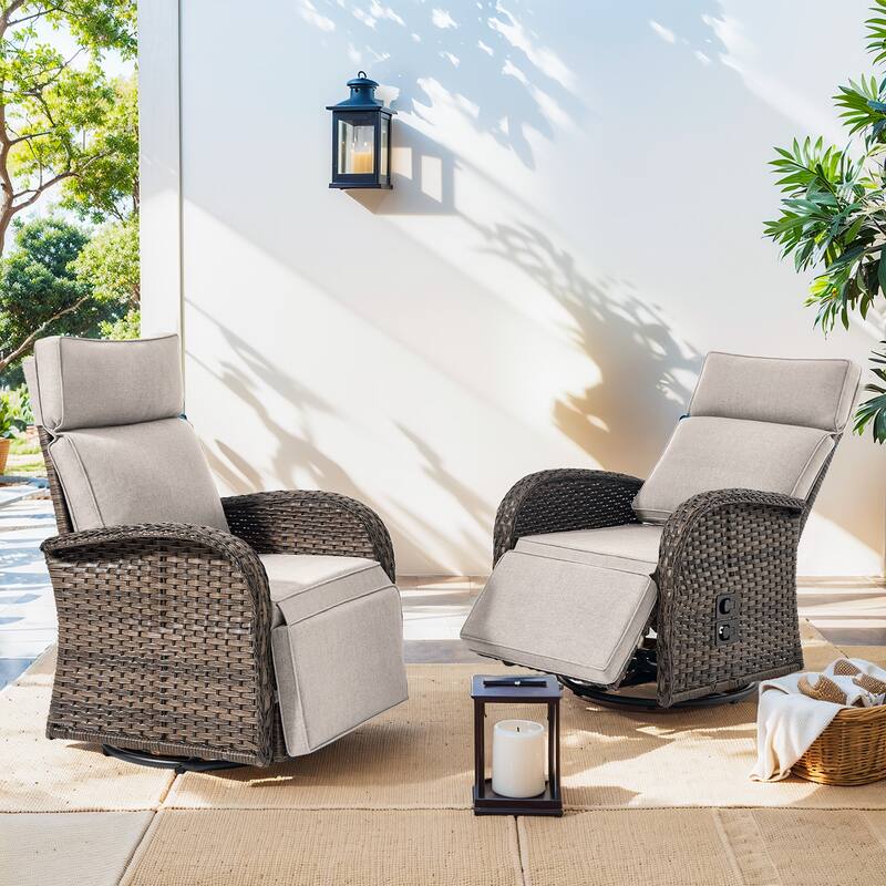 Pocassy Reclining Patio Chair with Adjustable Backrest - Beige Cushion - 2 Swivel Chairs