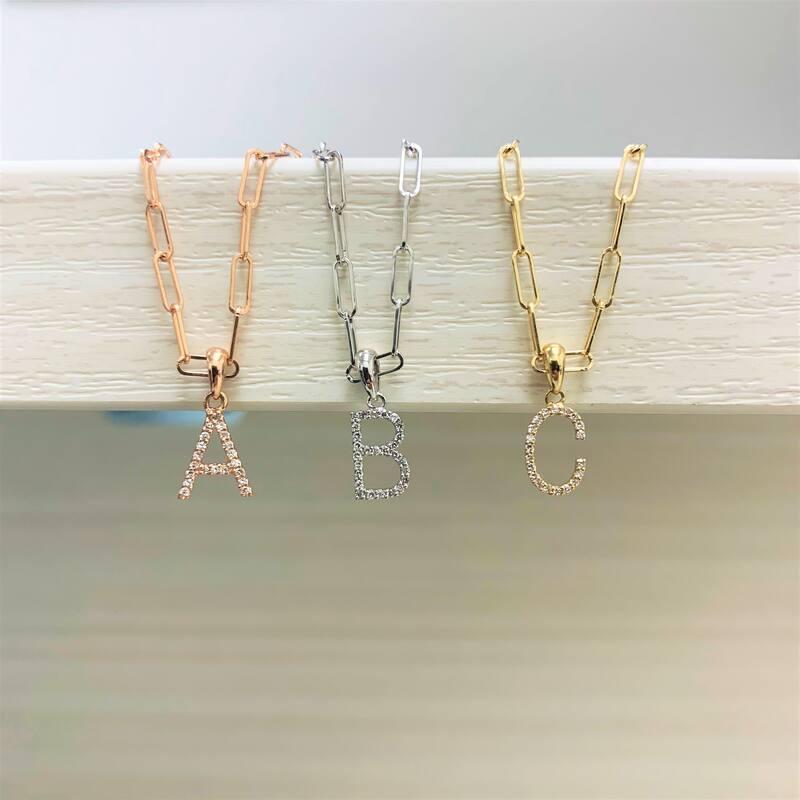 Joelle Collection Diamond Initial Letter Necklace Paperclip 14K Gold 16-inch Chain 1/10 TDW Necklace