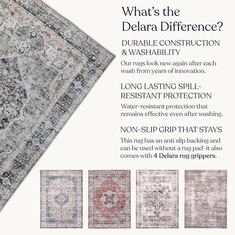 Delara Machine Washable Area Rug, Soft & Durable, Non-Slip Backing, Eco- Friendly GRS certified.