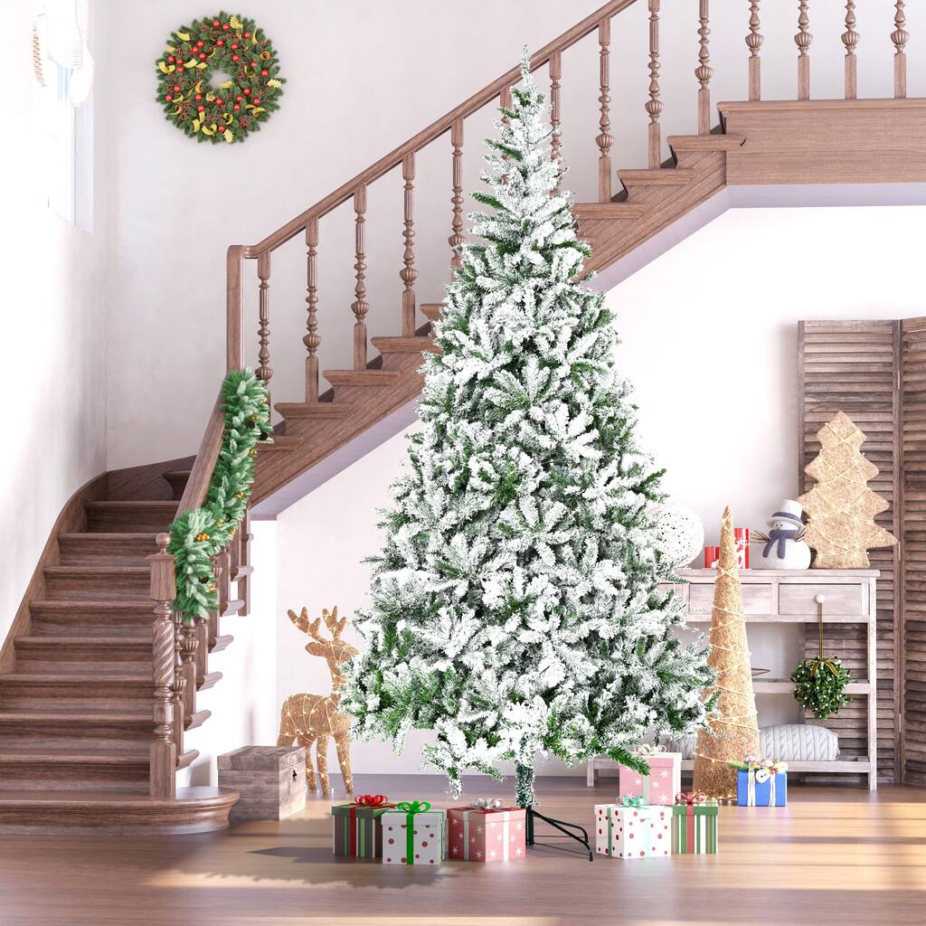9FT Tall Artificial Christmas Tree with Snow Flocked Tips and Sturdy Metal Stand, Xmas Tree for for Home Holiday Decor