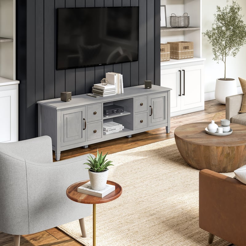WYNDENHALL Hampshire SOLID WOOD 72 inch Wide Traditional TV Media Stand For TVs up to 80 inches - 72"w x 18"d x 24" h - Fog Grey