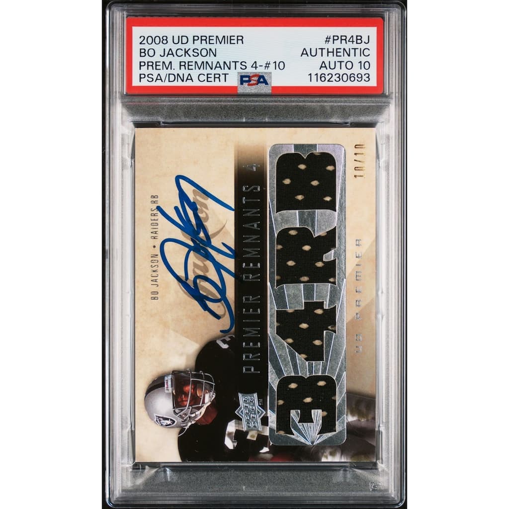 Bo Jackson 2008 Upper Deck Premier Remnants Game Used Jersey Signed Football Card #PR4BJ Auto Graded PSA 10 Cert # 116230693