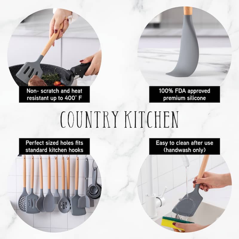Country Kitchen Non Stick Silicone Utensil Set with Rounded Wood Handles for Cooking and Baking, 38 Piece Set