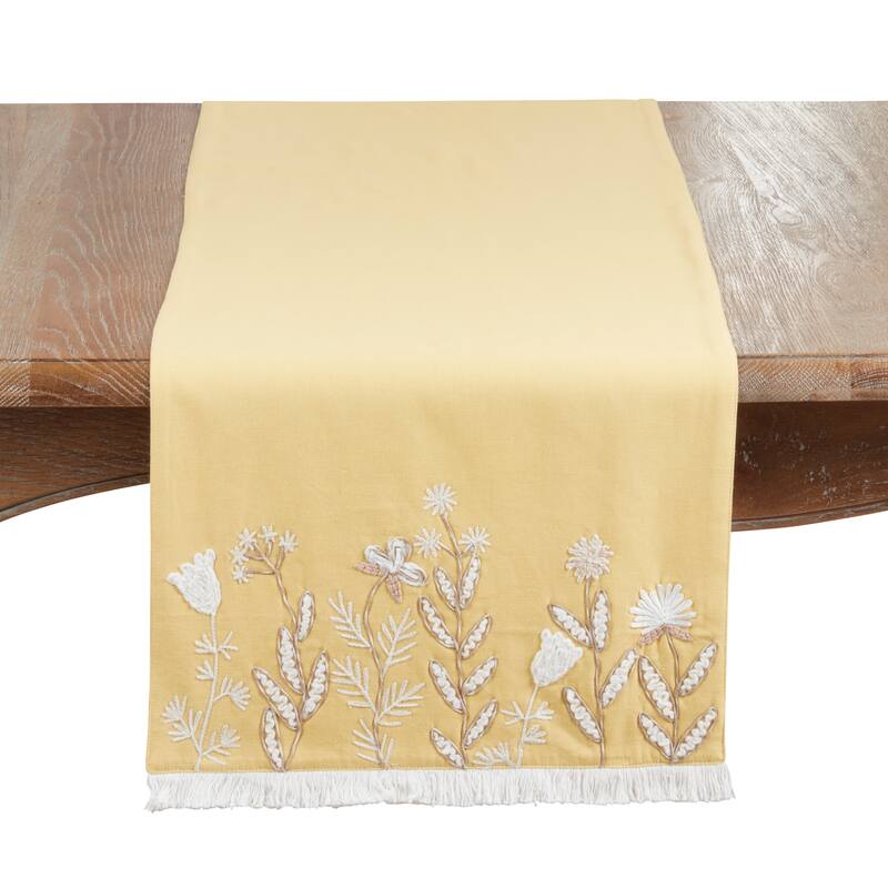 Embroidered Meadow Table Runner - Lined Decorative Table Runner with Fringe for Dining & Console Tables, 16"x72" - 16"x72" - Yellow
