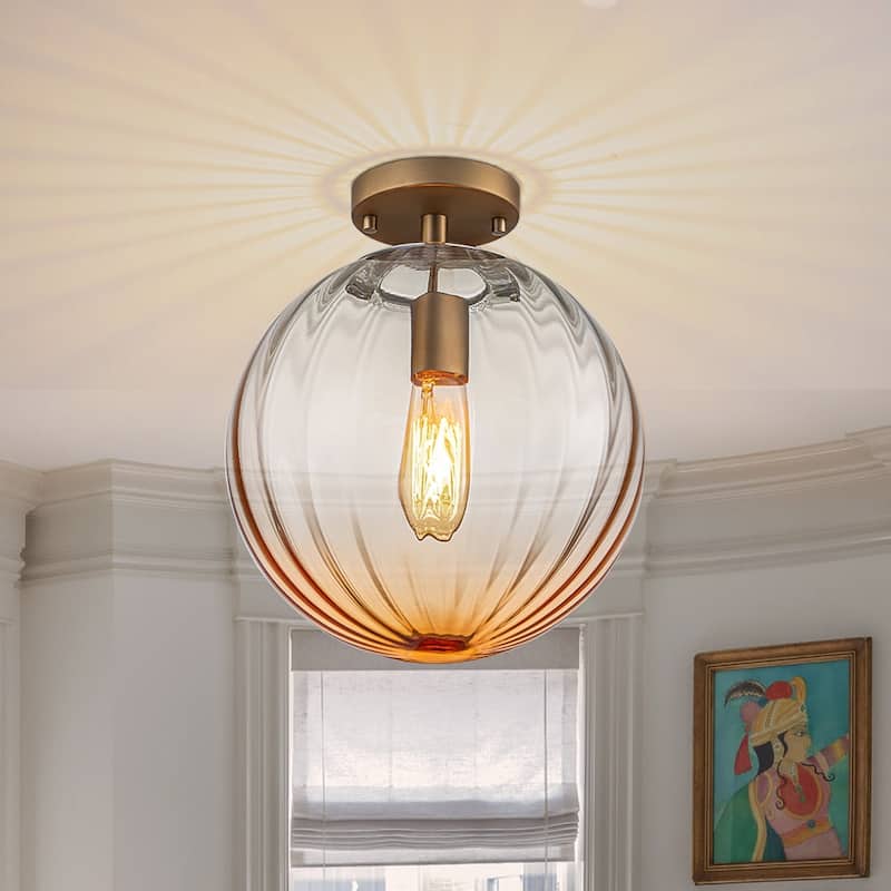 Gradual Colorful Ribbed Glass Globe Single Semi Flush Ceiling Light - Amber