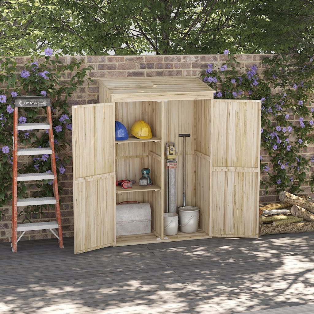 Outsunny Outdoor Storage Cabinet with 3 Shelves, Wooden Garden Shed with Magnetic Double Doors, Tall Vertical Tool Storage