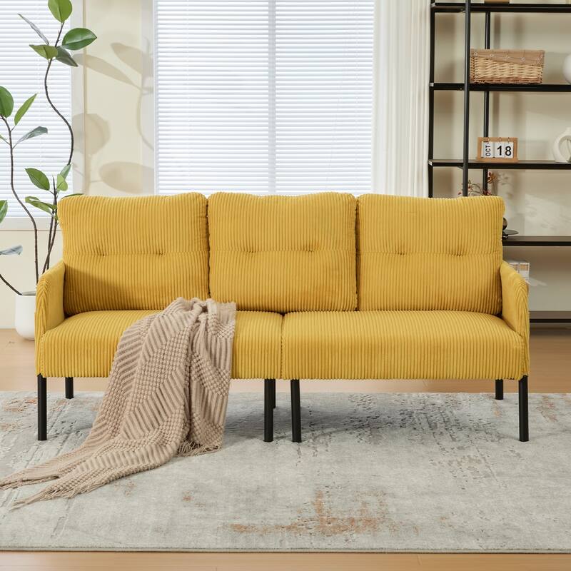 HOMEFUN Corduroy Upholstered Oversized Wood Frame Loveseat Sofa with Metal Legs and Side Pockets - Mustard Yellow