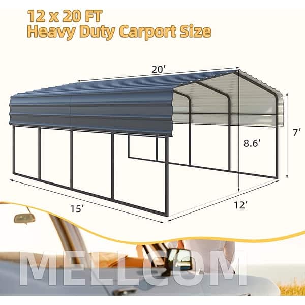 dimension image slide 3 of 4, Erommy Outdoor Carport with Galvanized Steel Roof - Multi-Use Shelter, Sturdy Metal Carport for Cars, Boats, and Tractors