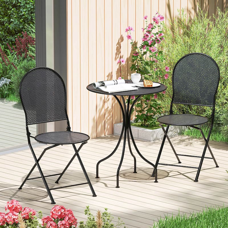 Costway 3 PCS Metal Bistro Set Round Table & 2 Folding Chairs with - Black