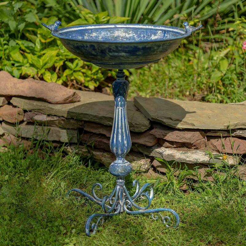 Pedestal Birdbath with Little Bird Detail - 19.25" L x 19.25" W x 27.25" H - Blue
