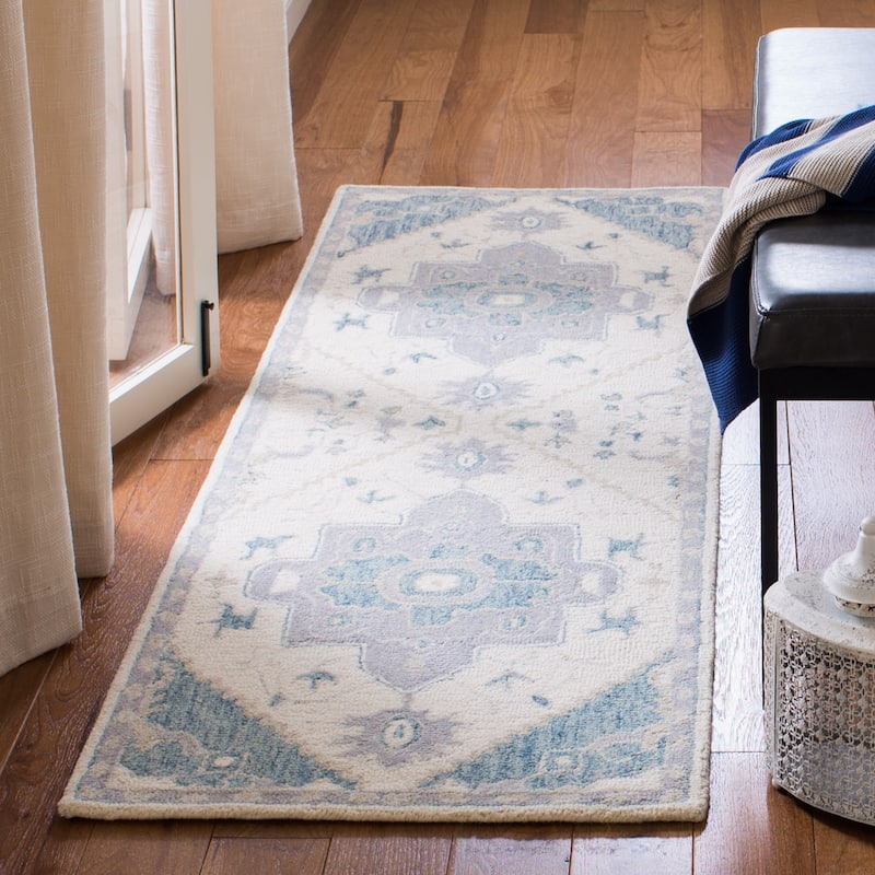 SAFAVIEH Handmade Micro-Loop Gulseven Medallion Wool Rug - 2'3" x 7' Runner - Ivory/Navy