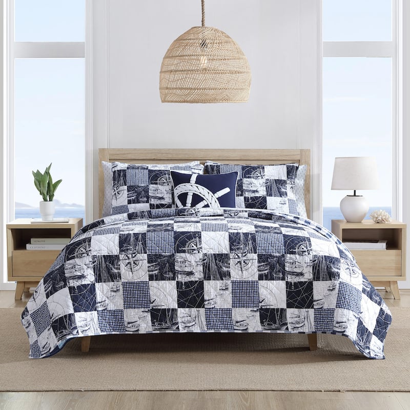Nautica Sailors Patchwork Blue Cotton Reversible Quilt Set