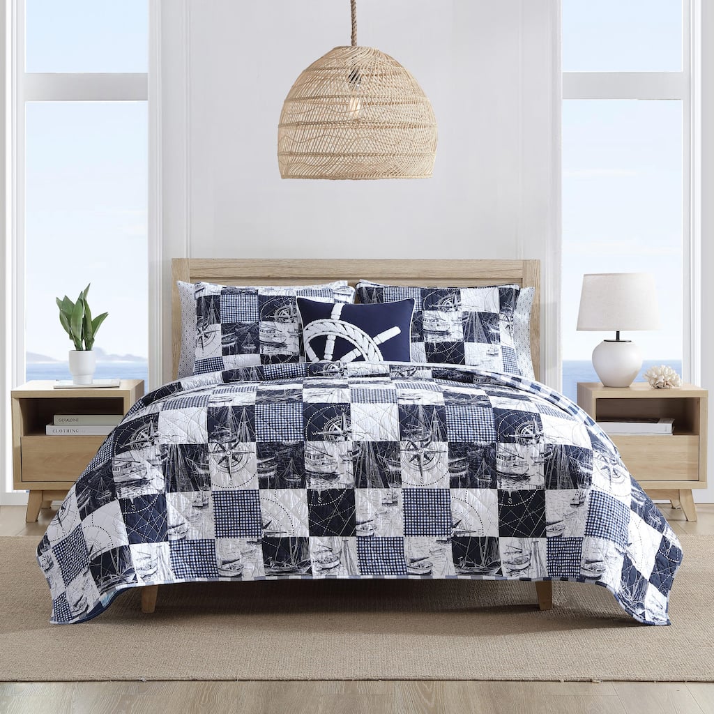Nautica Sailors Patchwork Blue Cotton Reversible Quilt Set