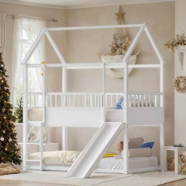 slide 2 of 20, House Bunk Bed with Convertible Slide and Ladder, Twin Over Twin White