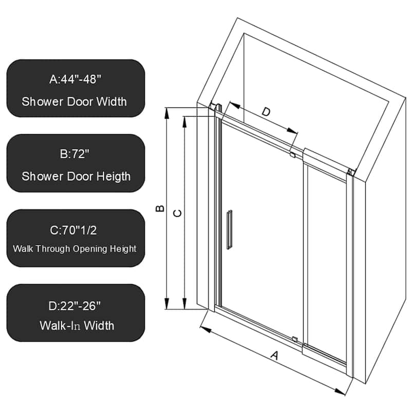 Scalable Adjustable Frame Shower Door with 1/4" Clear SGCC Tempered Glass