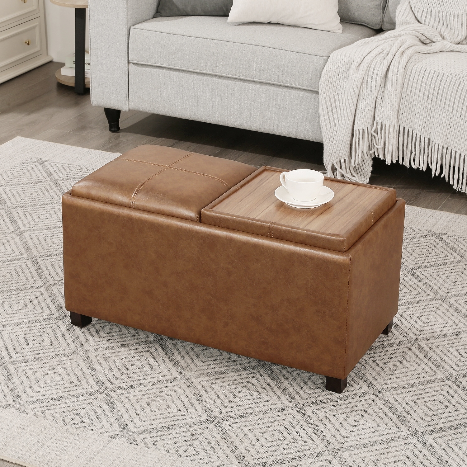 Adeco Rectangle Faux Leather Storage Ottoman with Dual Flip-Top Trays - 31.1"X15.4"X15.7