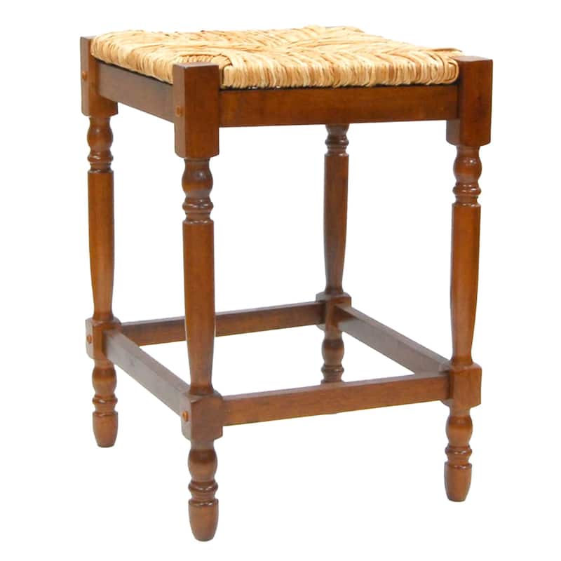 24" Walnut Brown and Beige Counter Stool with Hand Woven Rush Seat