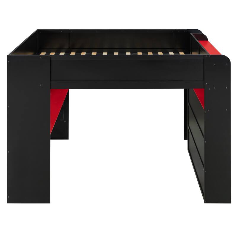 Full Size High Loft Bed, LED Loftbed Frame with Height Adjustable Desk, Wooden Storage Loft Bed with Wardrobe and Shelves