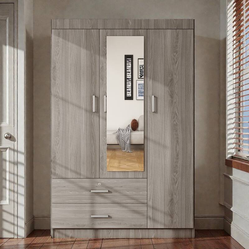 3 Door Wardrobe with Mirror and Shelves, MDF Bedroom Armoire with Lockable Drawer and Storage Drawers - Grey