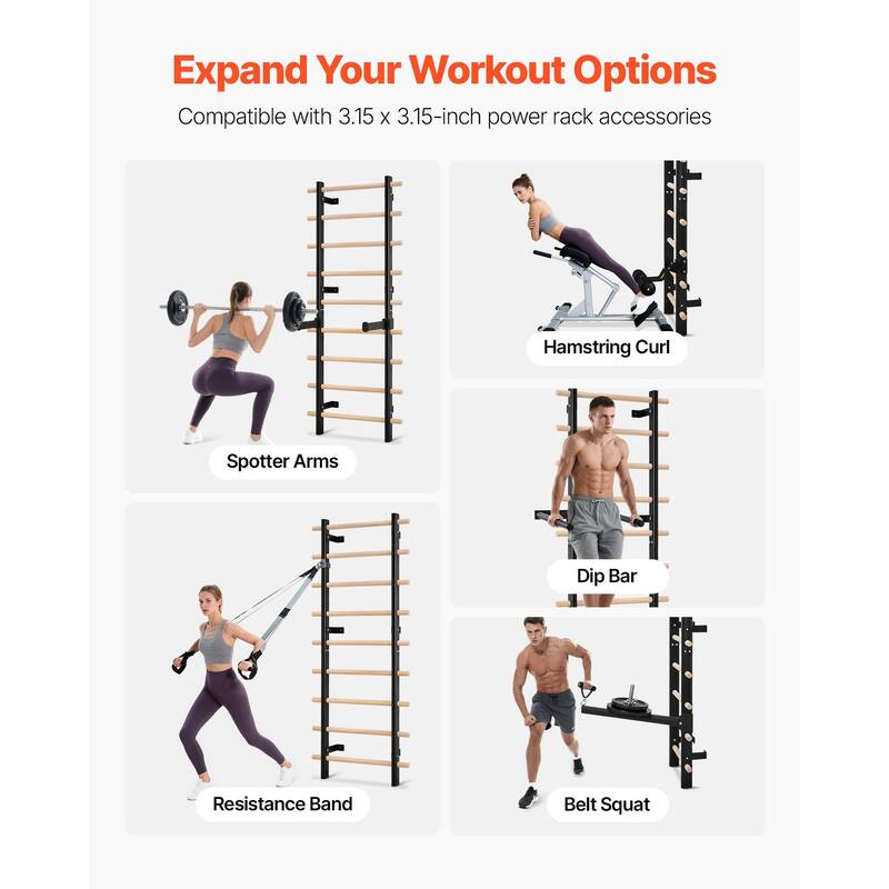9 Level Multi Purpose Swedish Ladder Heavy Duty Carbon Steel Frame with Solid Beech Wood Rungs for Home Gym