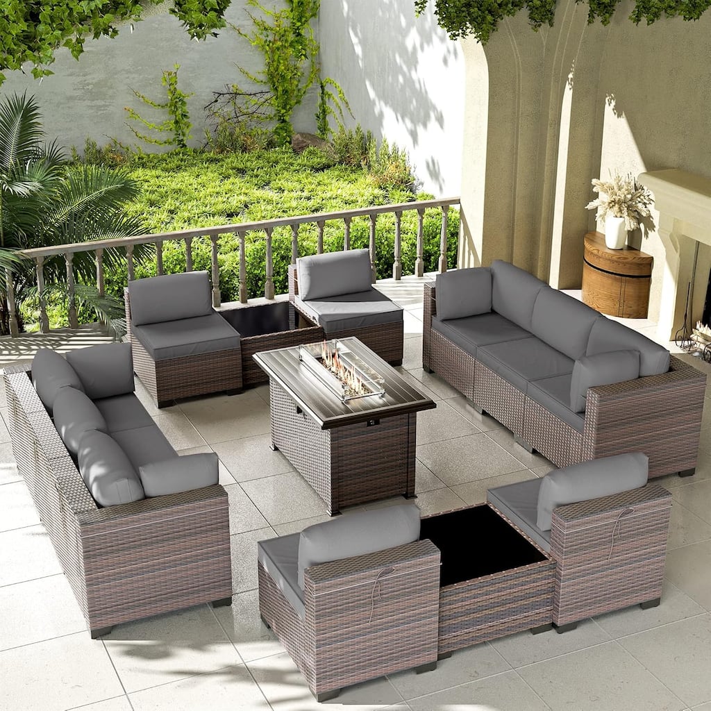 Patio Furniture Sets, Outdoor Wicker Sectional with Firepit Table Side Table for Cabinet Deck Balcony - 13-Pieces