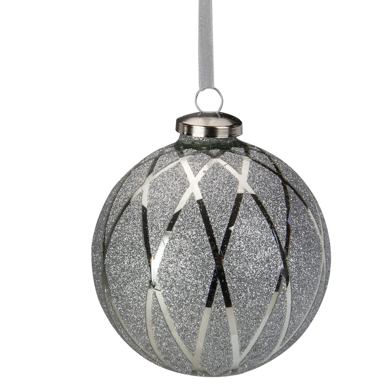 Argyle Glittered Christmas Glass Ball Ornament - 4" - Silver