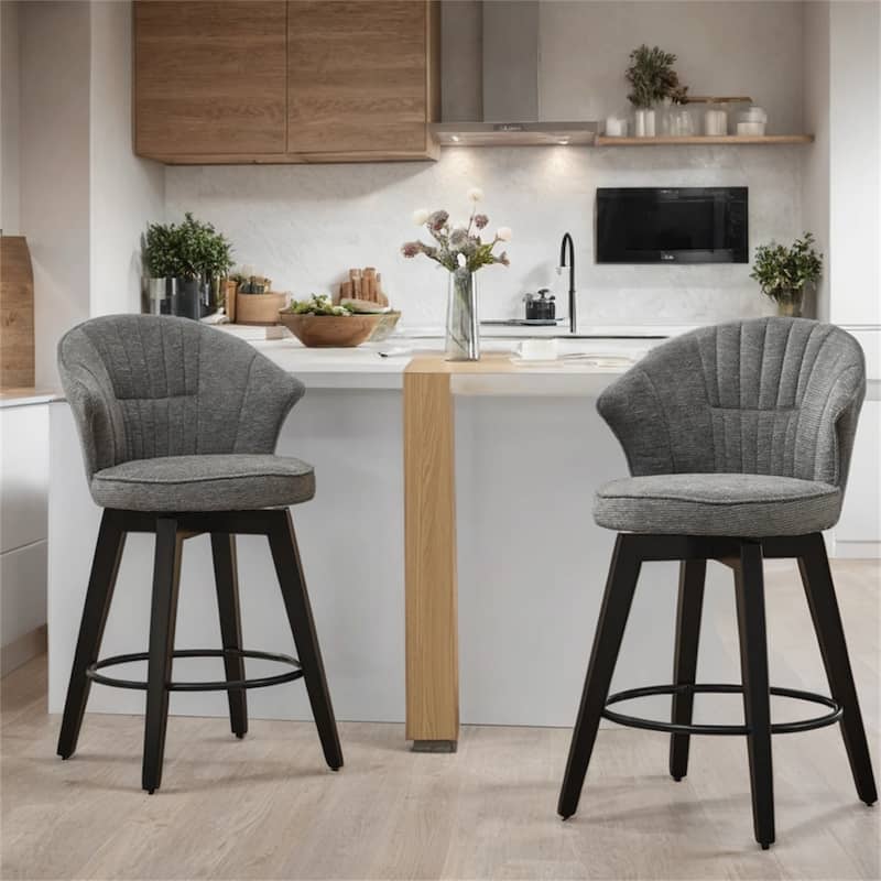 Chenille Upholstery Wing Back Swivel Bar Stools w/ Wood Legs(Set of 2)